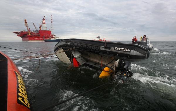 Recovering a capsized rib in Pechora sea Russian Arctic 2012